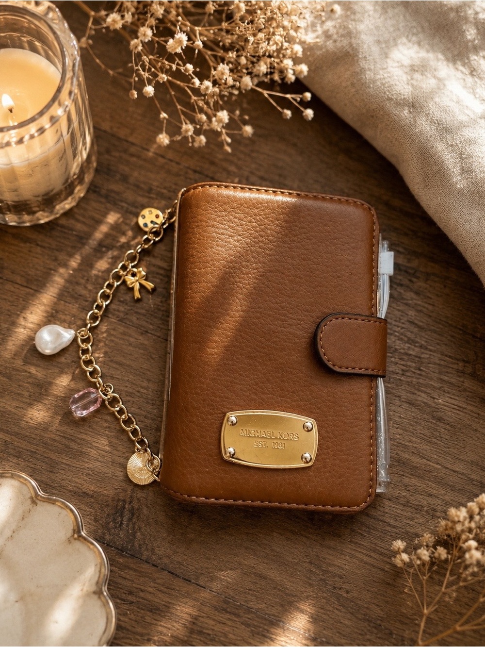 Michael Kors Tan Leather Charm Wristlet Card Case with Gold Hardware